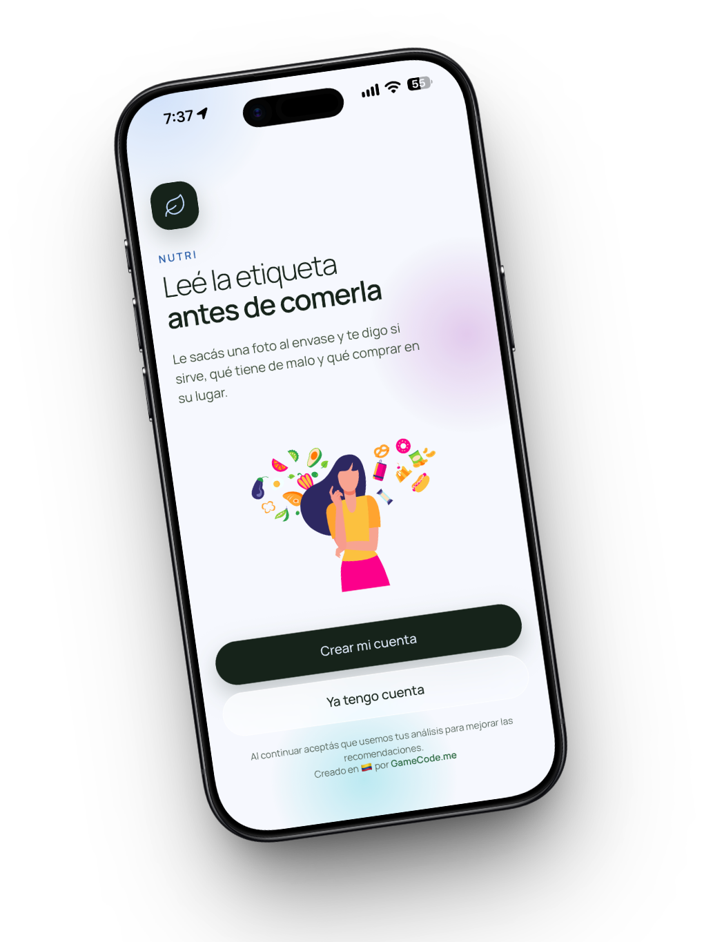 NUTRI abierto en un iPhone, en la pantalla de bienvenida